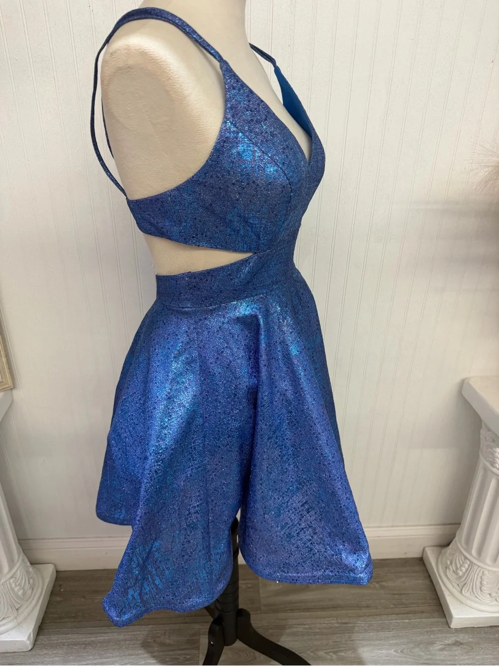 Metallic Blue Spaghetti-Strap Party Dress